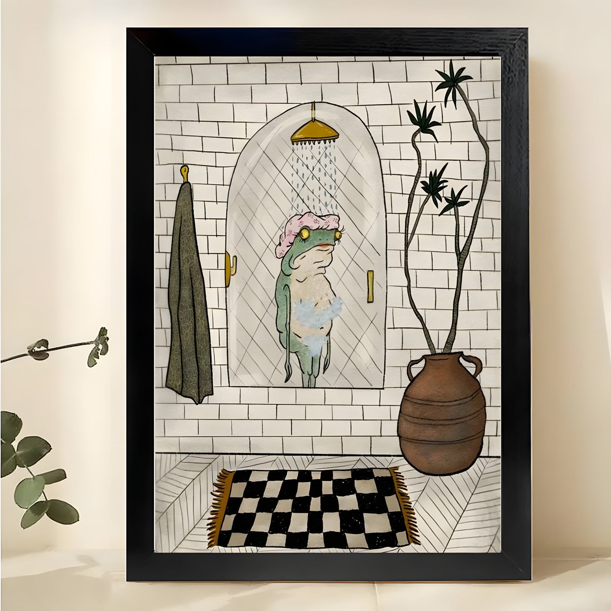 The Bathroom Frog – Whimsical Bathroom Frog Wall Art on Natural Wood Canvas