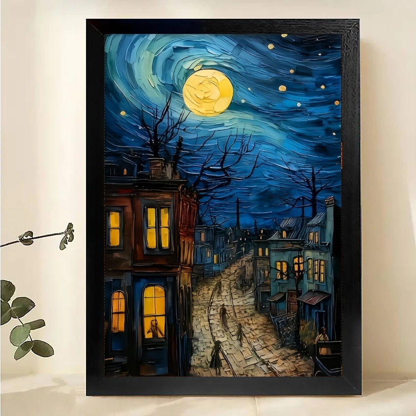 The Starry Night Village – Artistic Retro Wall Art on Natural Wood Canvas