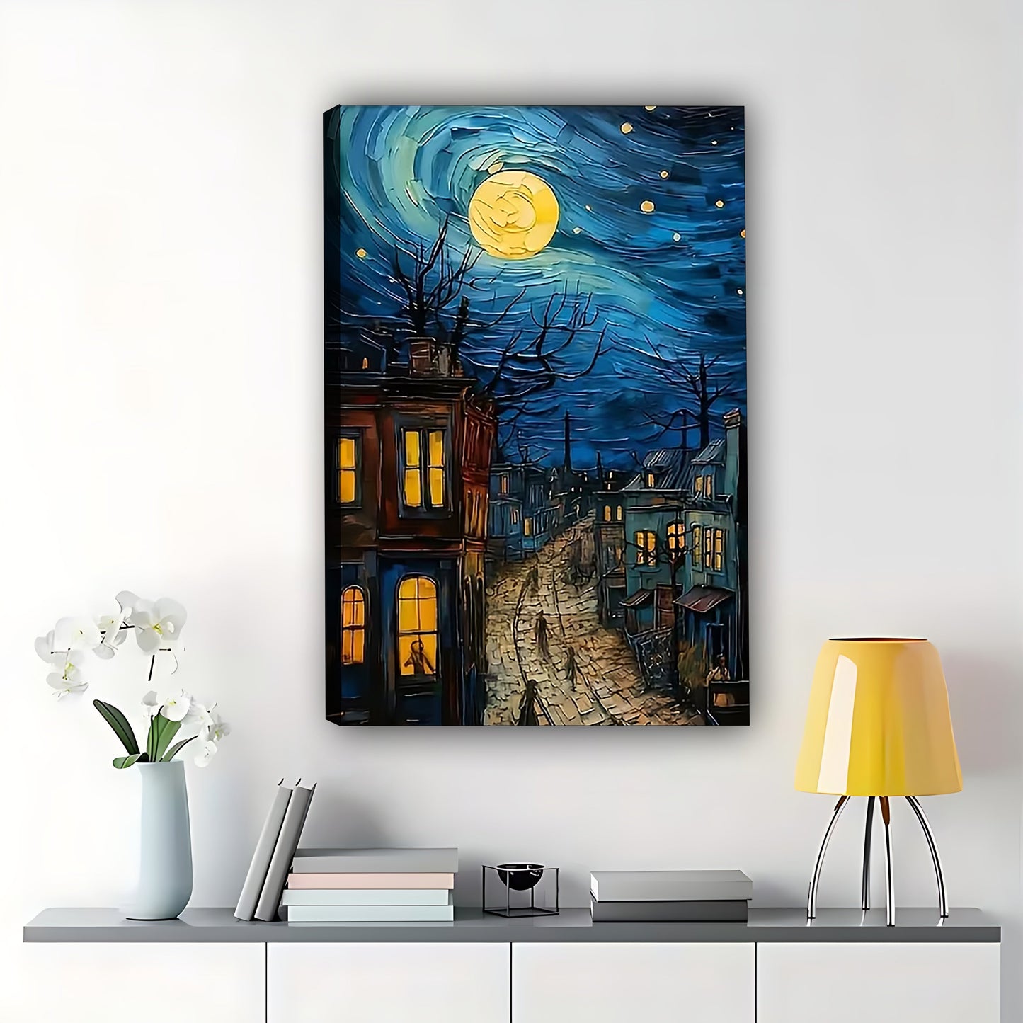 The Starry Night Village – Artistic Retro Wall Art on Natural Wood Canvas