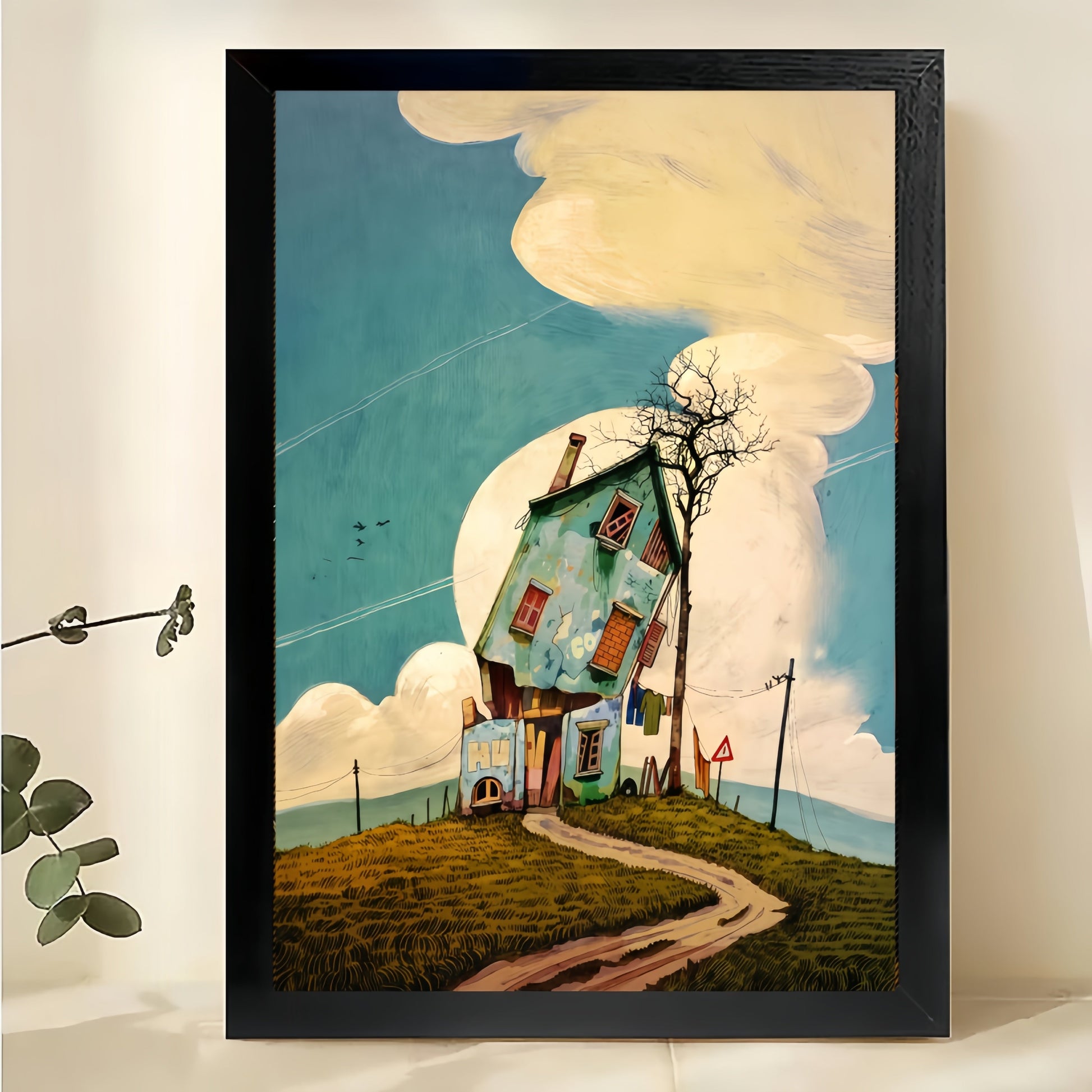 The Whimsical Crooked Cottage – Fairy-Tale Wall Art on Natural Wood Canvas