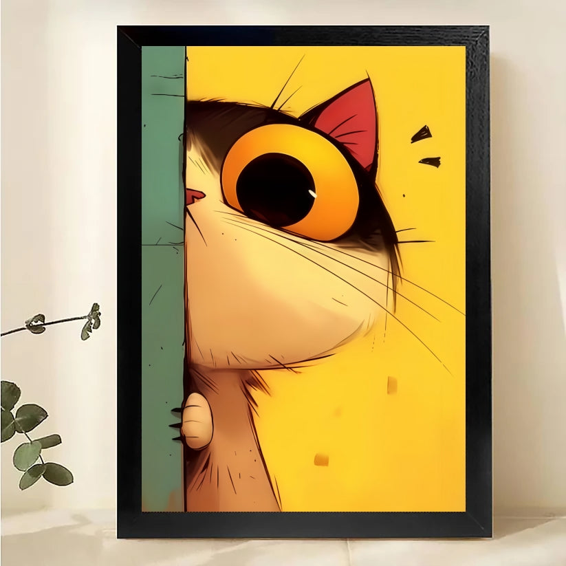 The Peeking Cartoon Cat – Playful Quirky Wall Art on Natural Wood Canvas