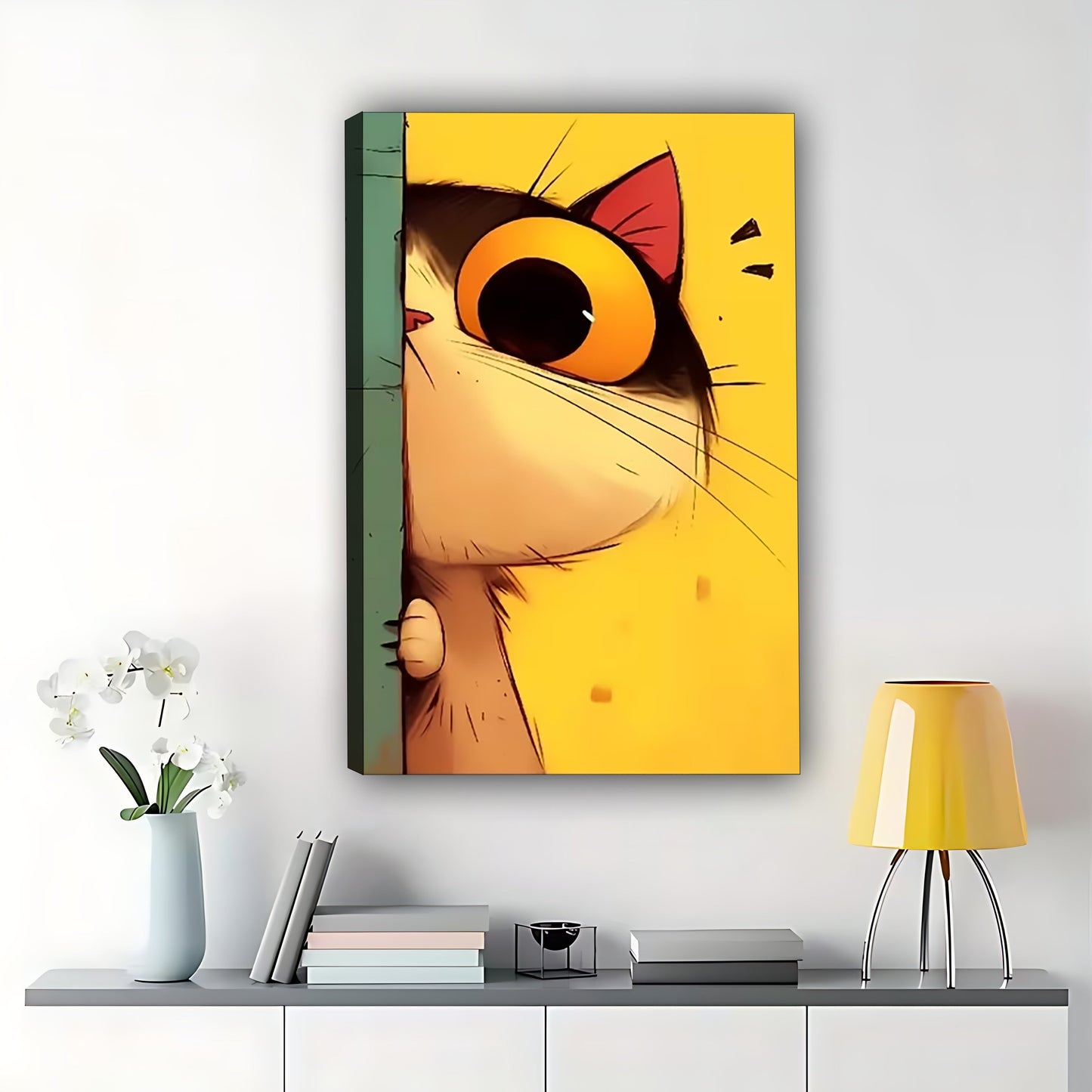 The Peeking Cartoon Cat – Playful Quirky Wall Art on Natural Wood Canvas