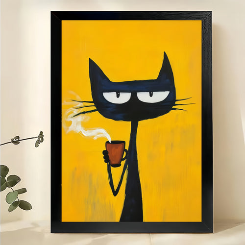 The Cool Coffee Smoke Black Cat – Retro Edgy Wall Art on Natural Wood Canvas