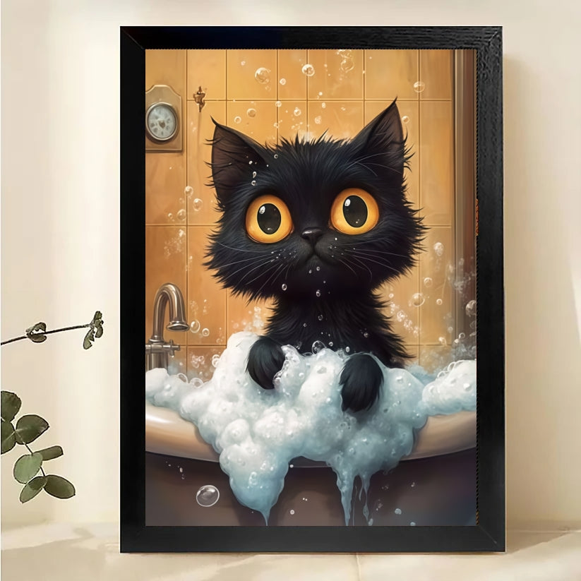 The Bubble Bath Black Kitten – Cute Cozy Wall Art on Natural Wood Canvas
