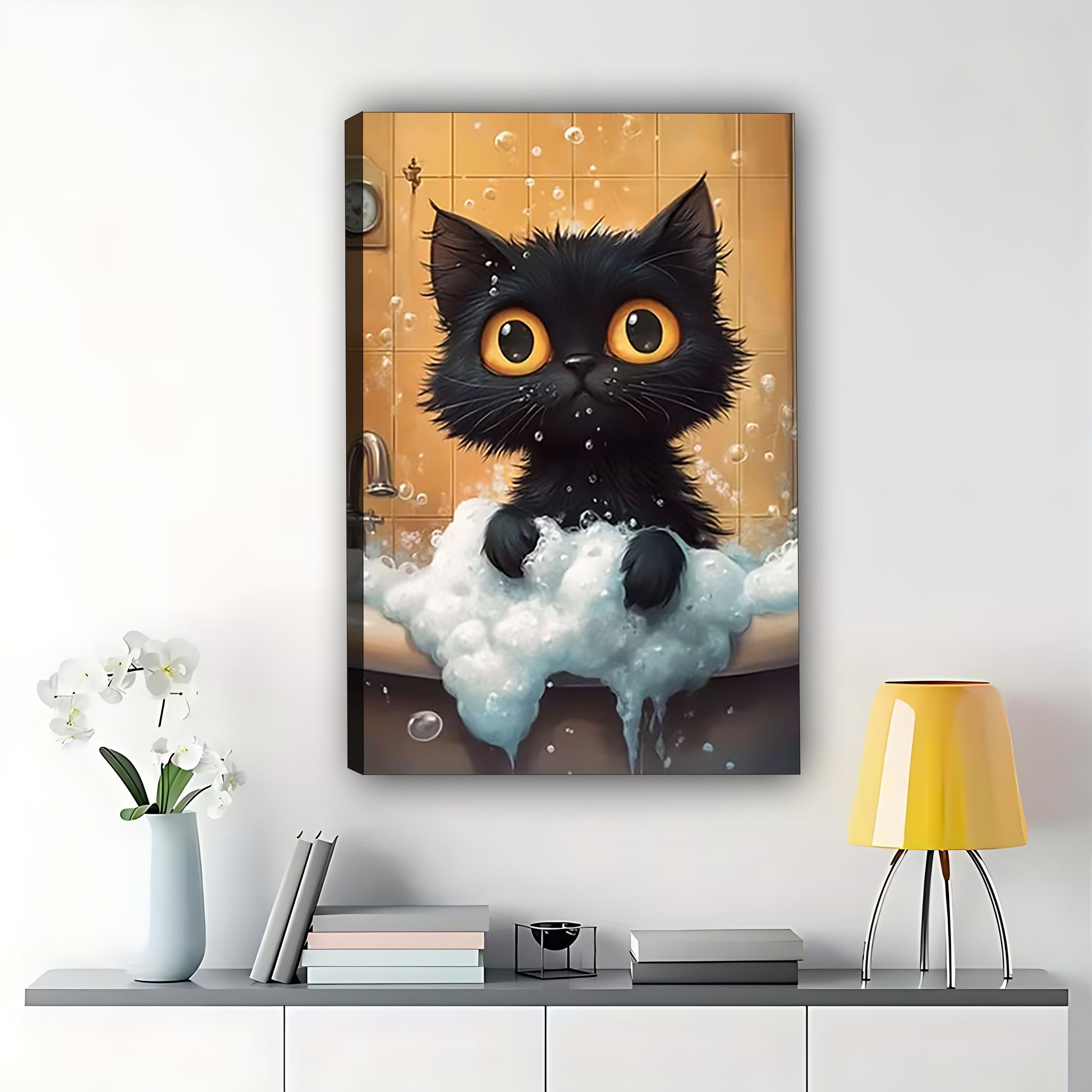 The Bubble Bath Black Kitten – Cute Cozy Wall Art on Natural Wood Canvas