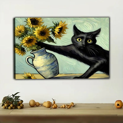 The Sunflower Black Cat – Artistic Cat Wall Art on Natural Wood Canvas
