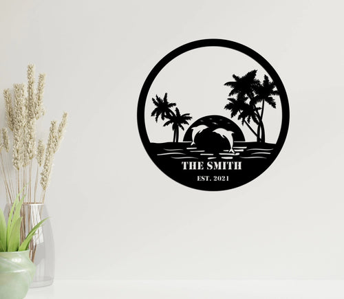 Family Beach And Dolphin Scene Metal Signs Beach Palm Tree Paradise Metal Beach Sign Family Beach House Sign - 8 inches - metal sign