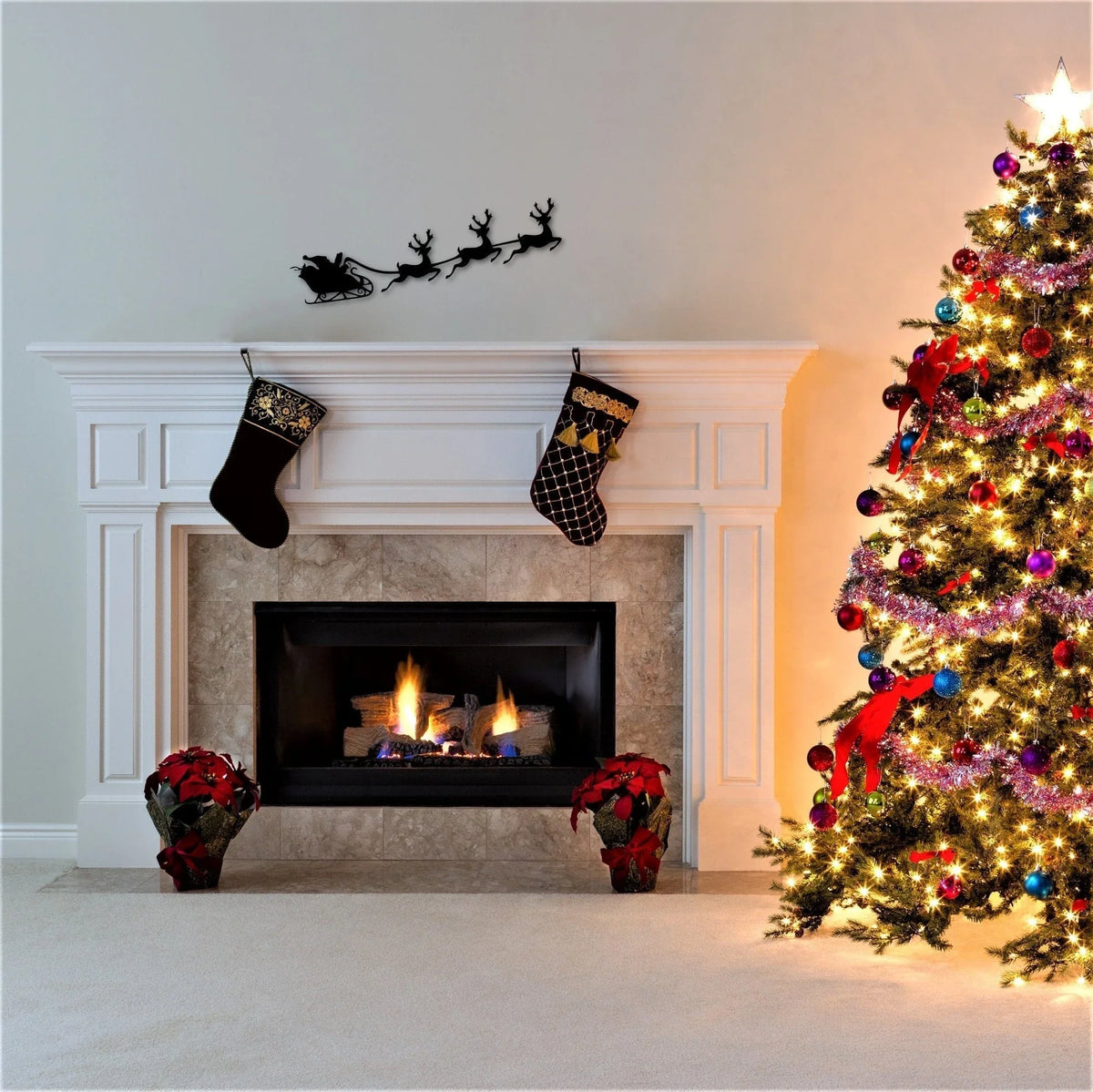 Santa With Reindeer Santa Sleigh Christmas Mantel And Fireplace Decor Holiday Shelf Sitter Christmas Village - 8 inches - metal sign