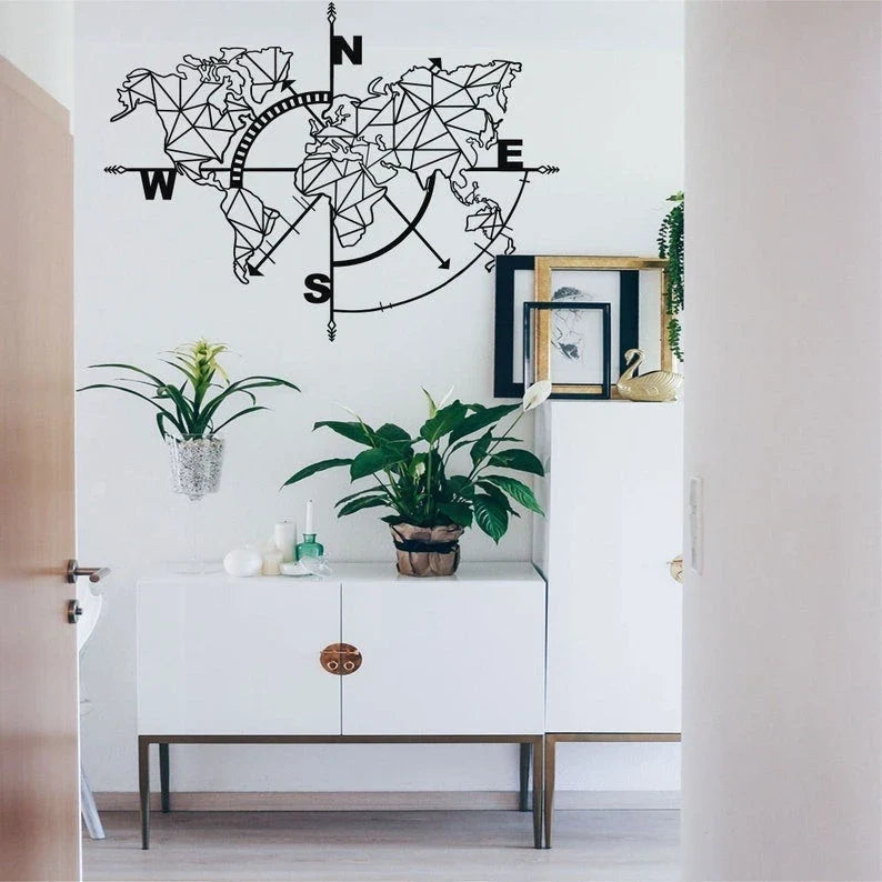 Metal World Map Geometric World Map Compass Metal Wall Decor Home Office Decoration Wall Hanging Black White Gold Silver Bronze - 8 inches - metal sign