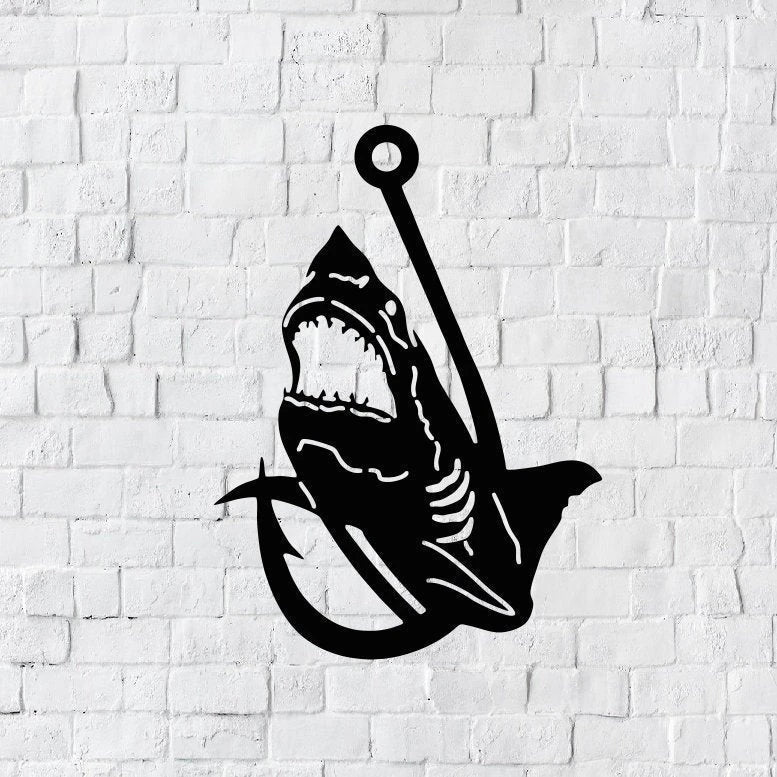 Shark Hook Metal Art Nature Shark And Fishing Metal Sign Hunt And Shark - 8 inches - metal sign