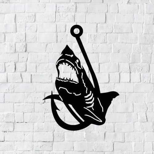 Shark Hook Metal Art Nature Shark And Fishing Metal Sign Hunt And Shark - 8 inches - metal sign