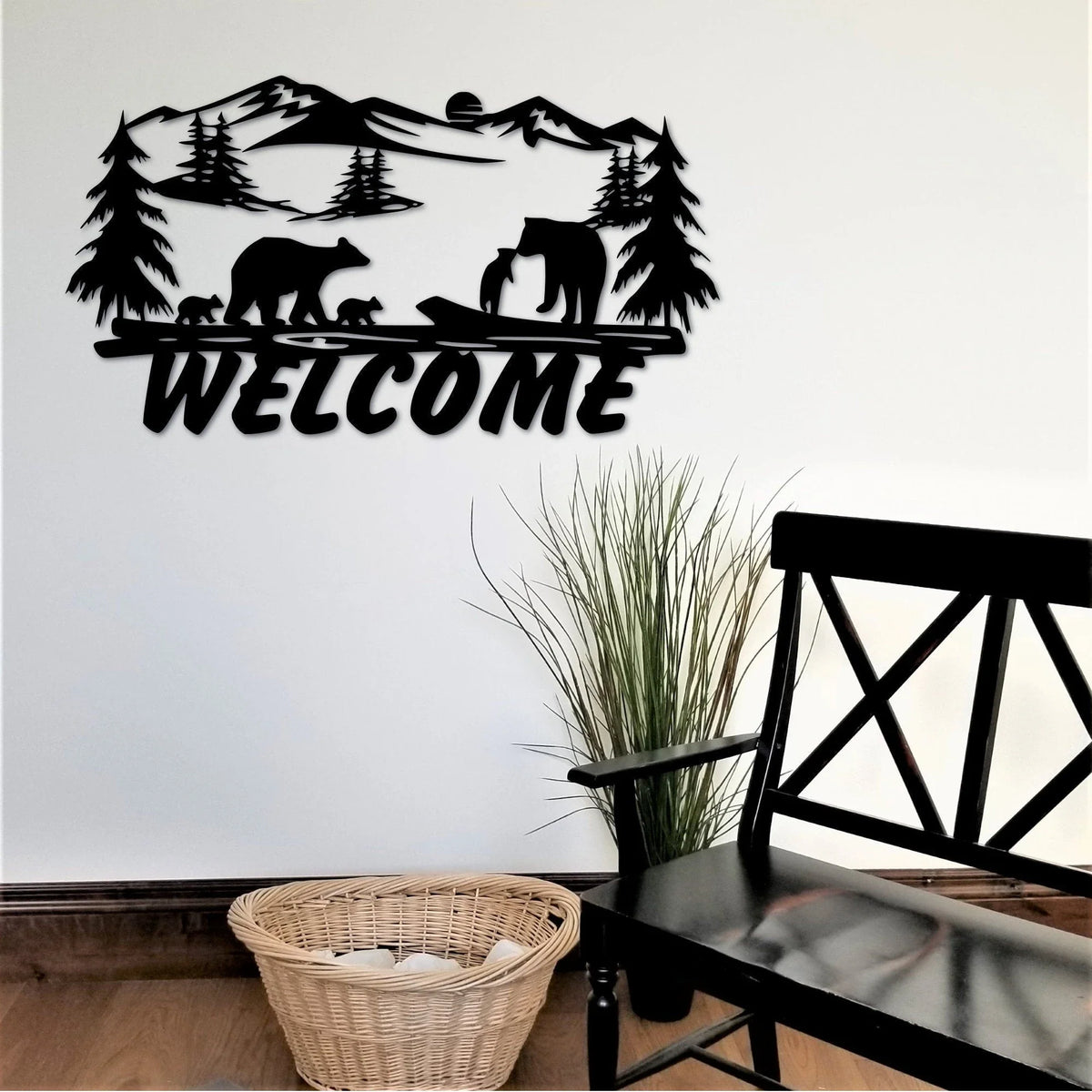 Bear Welcome Sign Front Door Hanger Bears And Cubs Entryway Decor Rusic Cabin Decor Wildlife Art Lake House Decor - 8 inches - metal sign