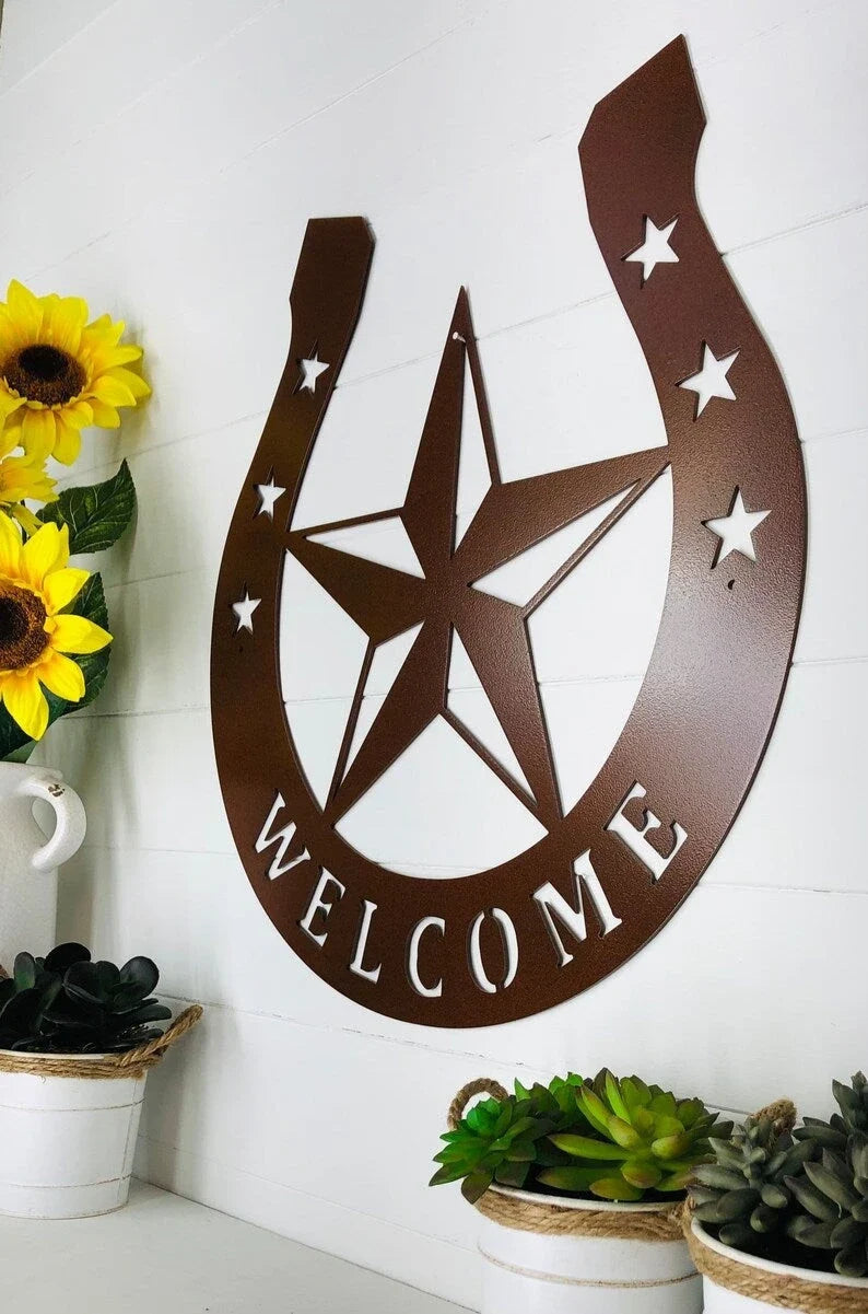 Horseshoe Lone Star Welcome Metal Wall Sign powder Coated Howdy Partner Texas Star Westernmetal Art - 8 inches - metal sign