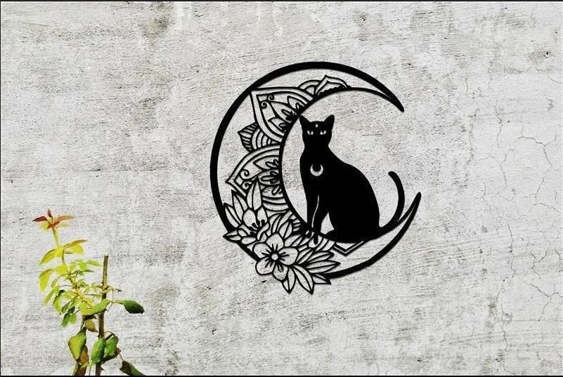 Black Cat On The Moon Sign Cat And Moon Moon Cat Sign Black Cat And Moon Decor Magic Moon Cat Sign - 8 inches - metal sign