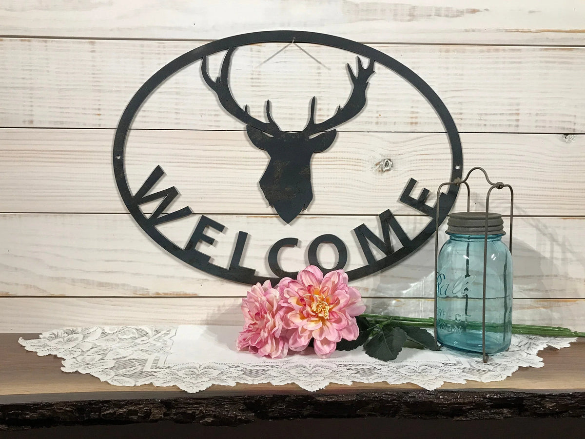Large Metal Deer Antler Welcome Sign 30 Inch Rustic Metal Decor - 8 inches - metal sign