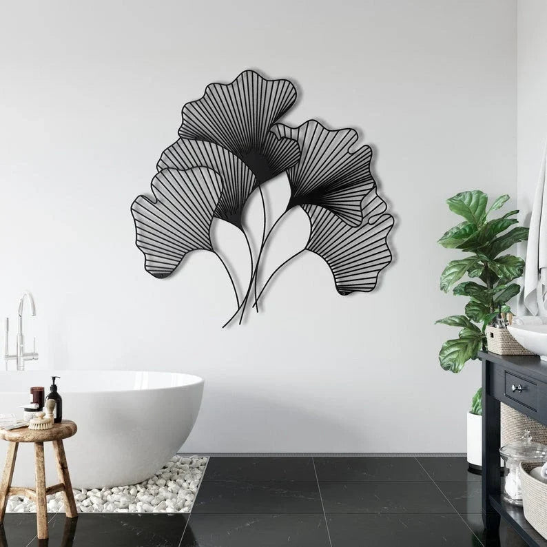 Metal Flower Decor Geometric Art Ginkgo Bilbao Leaf Flower Sign Metal Wall Decor Nature Decoration Wall Hangings - 8 inches - metal sign