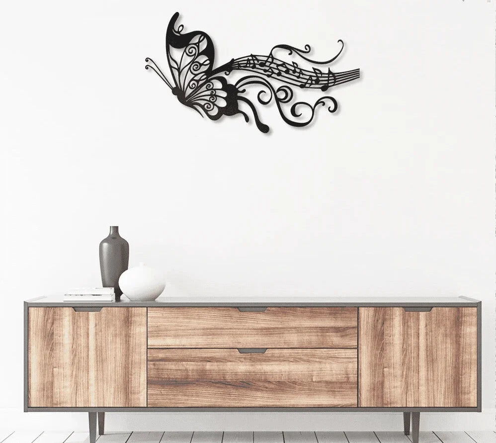 Butterfly And Melody Notes Music Metal House Sign - 8 inches - metal sign
