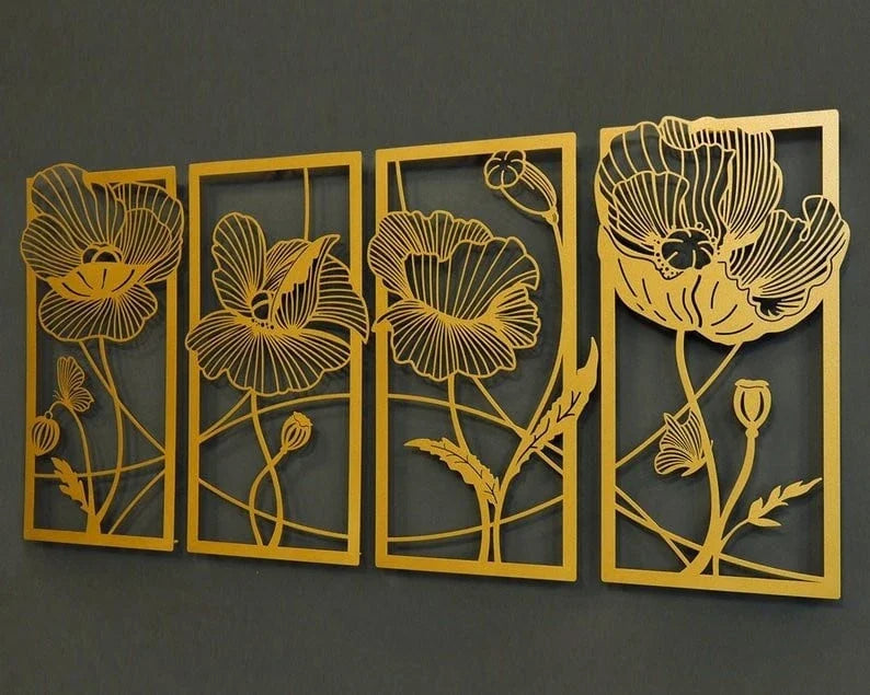 4 Panel Large Metal Flowers Wall Art Living Room Wall Art Bedroom Wall Decor Extra Large Wall Art - 8 inches - metal sign