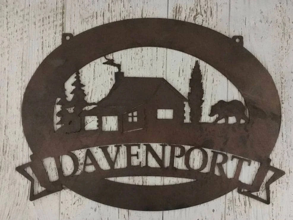 Metal Cabin Bear Sign With Cabin And Bear Or Moose Metal House Sign - 8 inches - metal sign