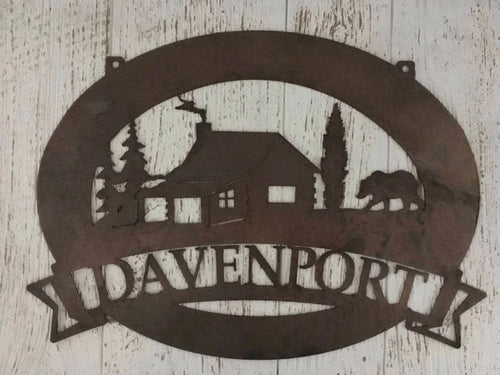 Metal Cabin Bear Sign With Cabin And Bear Or Moose Metal House Sign - 8 inches - metal sign