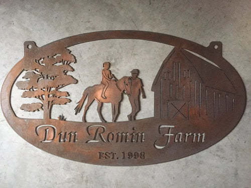 Metal Horse Sign With Barn And Man Leading Girl On Horse3ft Sign Metal House Sign - 8 inches - metal sign