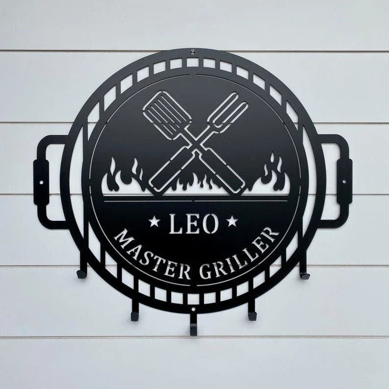 Grill Master Metal Sign With Utensil Hangers Grill Master Name Sign With Metal Hooks For Hanging Grilling Utensils - 8 inches - metal sign