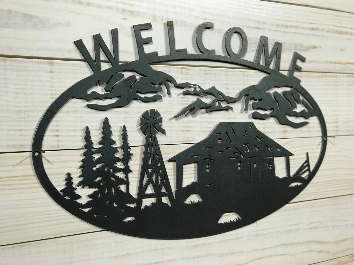 Large Metal Cabin And Windmill Mountain Scene Last Name Sign 24 Inch Rustic Metal Decor - 8 inches - metal sign