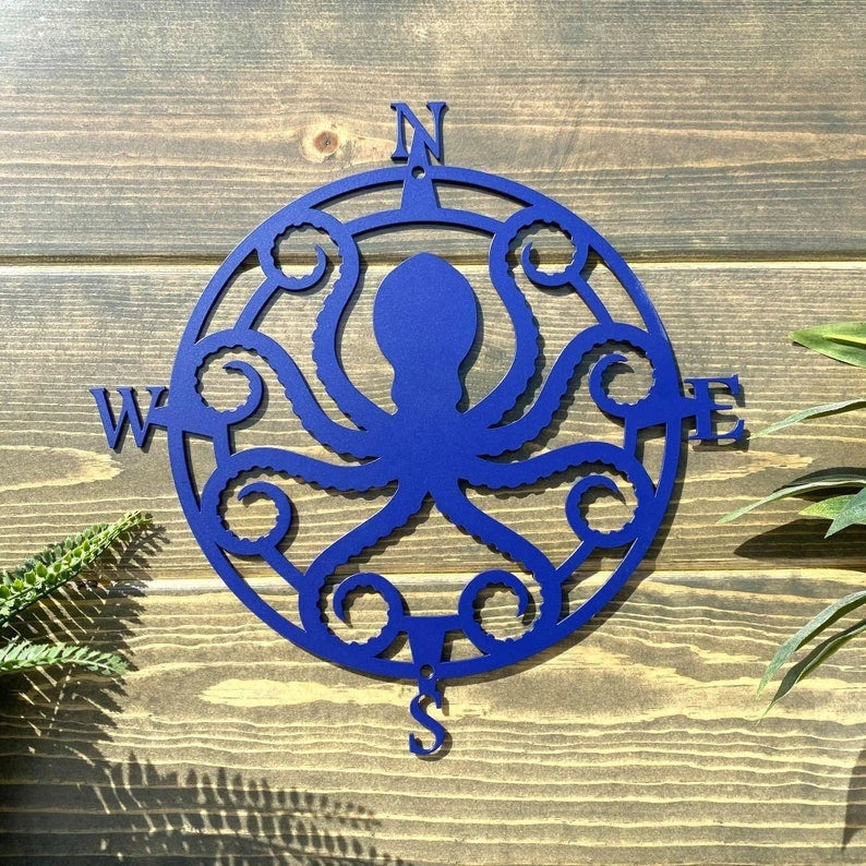Kraken Octopus Compass Wall Decor Cut Metal Sign - 8 inches - metal sign