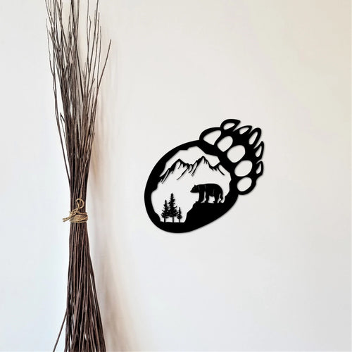Bear Claw Sign Metal Bear Track With Bear Cabin Bear Paw Wildlife Decor Bear Decor Wall Hanging Rustic - 8 inches - metal sign