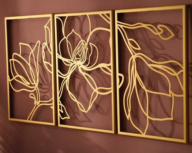 Floral Set Metal Wall Decor Living Room Wall Art Wall Art Bedroom Wall Decor Gold Wall Art 3 Panel Wall Art - 8 inches - metal sign