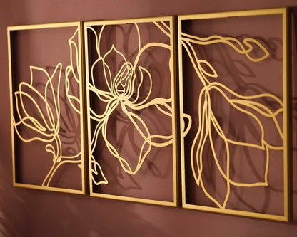 Floral Set Metal Wall Decor Living Room Wall Art Wall Art Bedroom Wall Decor Gold Wall Art 3 Panel Wall Art - 8 inches - metal sign