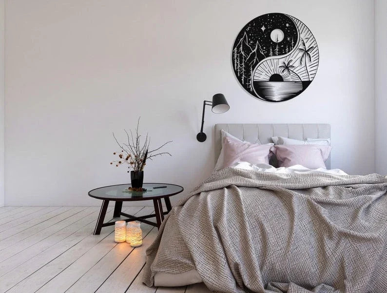 Yin Yang Sun & Moon Metal Wall Decor Housewarming Gift Office Decor Interior Design - 8 inches - metal sign