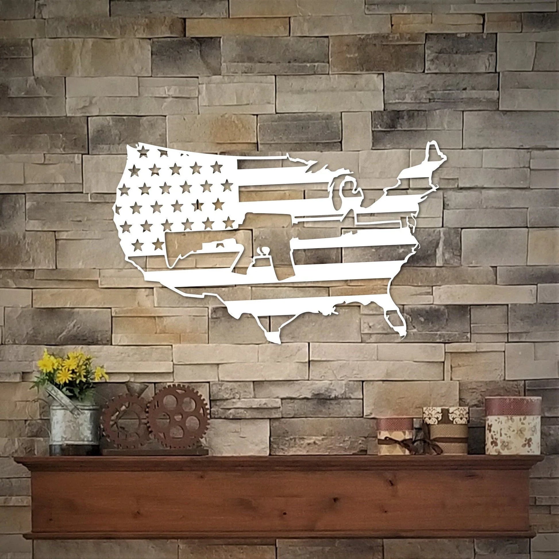 American Flag United States Map Flag With Ar15 Rifle Usa Military Decor Patriotic Americana Art Metal Wall Decor - 8 inches - metal sign
