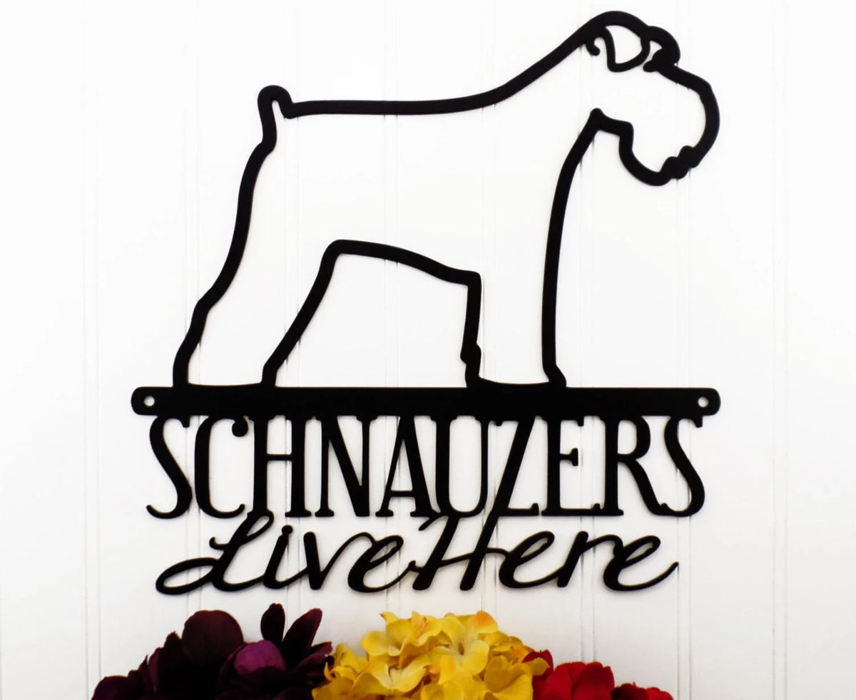 Schnauzers Live Here Metal Sign Black Outdoor Sign Schnauzers Door Signs Wall Hanging - 8 inches - metal sign