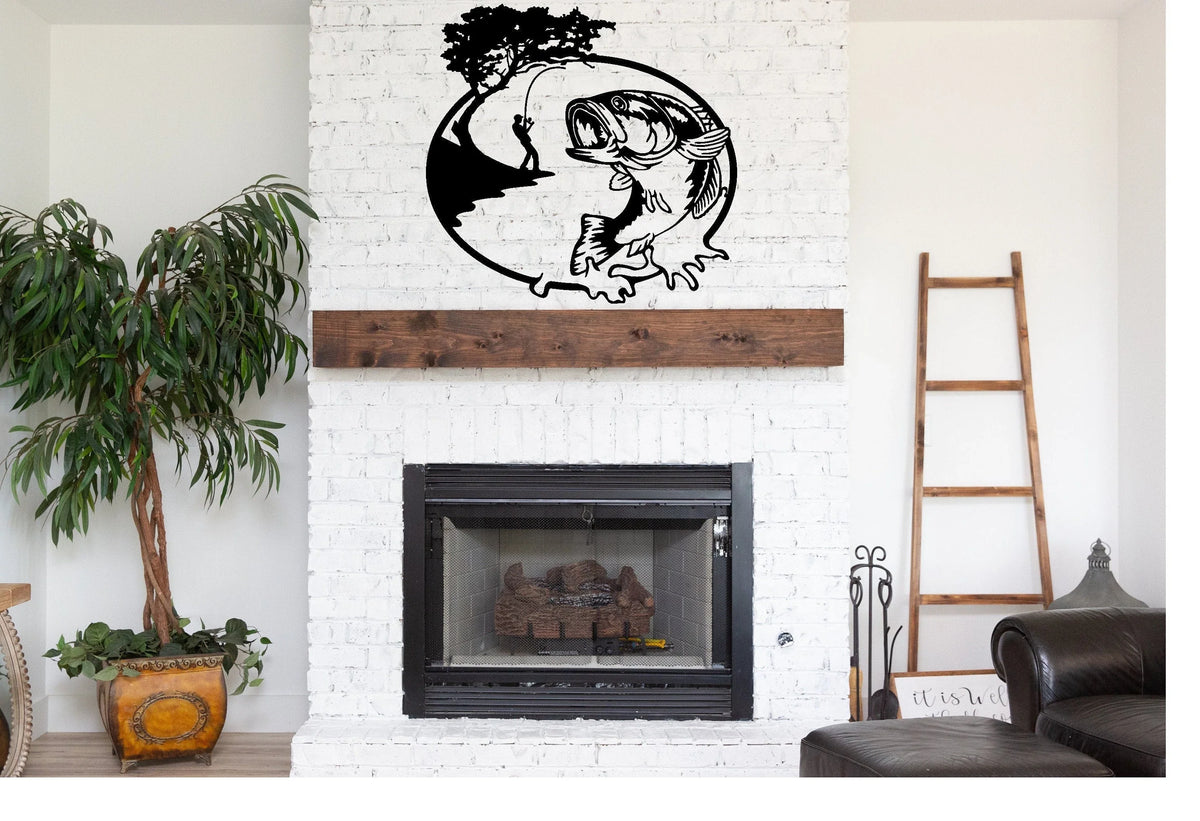 Large Mouth Bass Fishing Scene Metal Sign Cutout Cut Metal Sign Wall Metal Art - 8 inches - metal sign