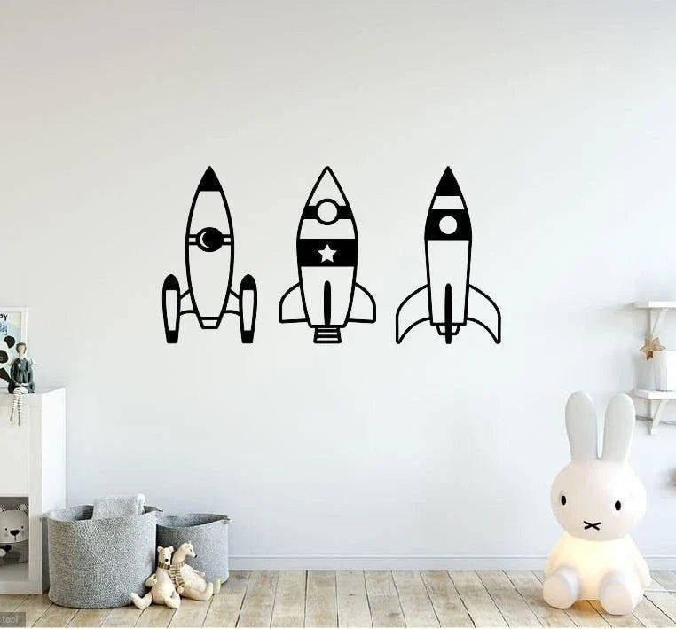 Rocket Ship Metal Sign 3 Rockets Metal Wall Decor Kids Rocket Ship Signs Children Space - 8 inches - metal sign
