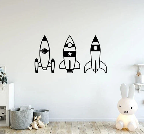 Rocket Ship Metal Sign 3 Rockets Metal Wall Decor Kids Rocket Ship Signs Children Space - 8 inches - metal sign