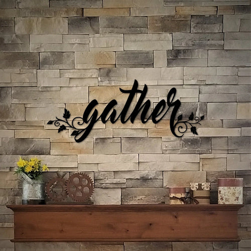 Metal Gather Sign Gather Fall Metal Gather Wall Hanging Housewarming Gift Cursive Font Wall Words Metal Cutout - 8 inches - metal sign