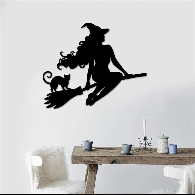 Witch Halloween Decor Halloween Witch Sign Witch Room Metal Wall Decor Spooky Witch On Broom Sign Witch And Black Cat Sign - 8 inches - metal sign