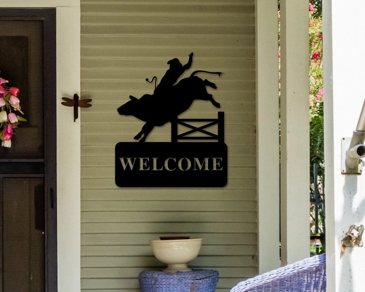 Rodeo Decor Bucking Bull Welcome Sign Ranch Welcome Sign Cowboy Decor Ranch Sign Rodeo Welcome Sign Cowboy Welcome Sign Metal Welcome - 8 inches - metal sign