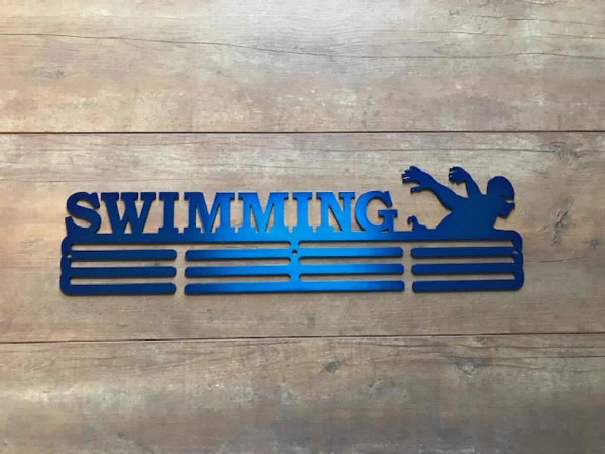Swimming Medal Hanger Holder Display Rack 3 Rung Cut Metal Sign - 8 inches - metal sign