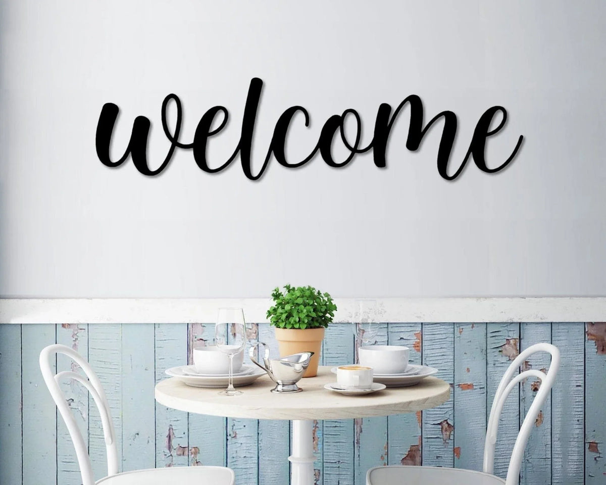 Welcome Metal Word Art Cursive Script Word Sign Rustic Metal Welcome Sign Farmhouse Decor Housewarming Word Art - 8 inches - metal sign