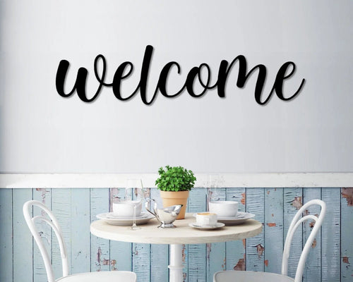 Welcome Metal Word Art Cursive Script Word Sign Rustic Metal Welcome Sign Farmhouse Decor Housewarming Word Art - 8 inches - metal sign