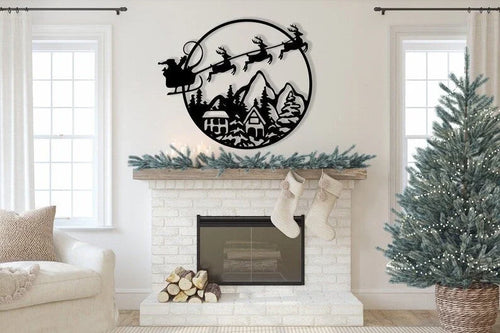 Santa Christmas Sleigh Over Town Metal Art Decor - 8 inches - metal sign