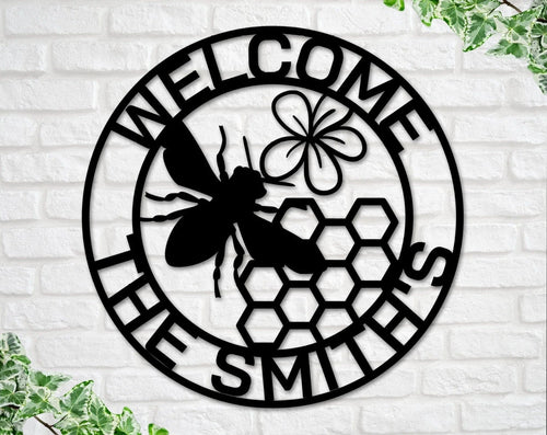 Bee Welcome Sign Welcome Bee Sign Metal Welcome Sign Bee Sign Last Name Sign Bee Decor Metal Bee Sign Porch Sign Door Sign Front - 8 inches - metal sign