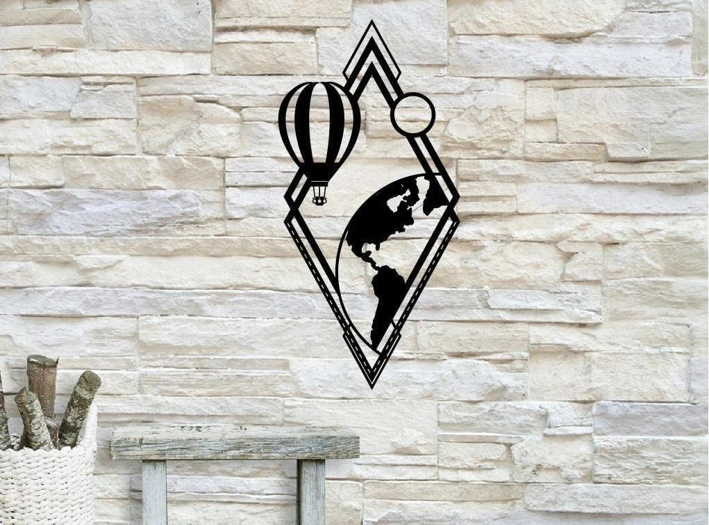 Hot Air Balloon Metal Earth Balloon Earth World Air Balloon Metal Wall Decor - 8 inches - metal sign