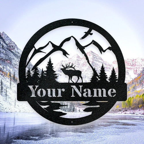 Elk Metal Sign New Elk Hunter Christmas Gift Last Name Art Family Name Sign Caribou Sign Elk Hunting Gift Wall Decor Elk Antler Sign - 8 inches - metal sign