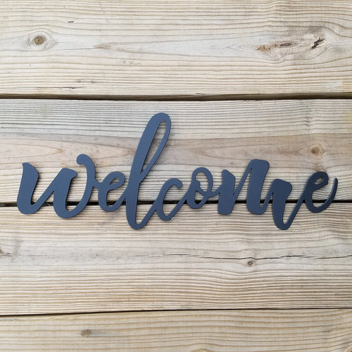 Welcome Script Metal Sign Black Steel Word Art Wall Hanging Housewarming Gift - 8 inches - metal sign