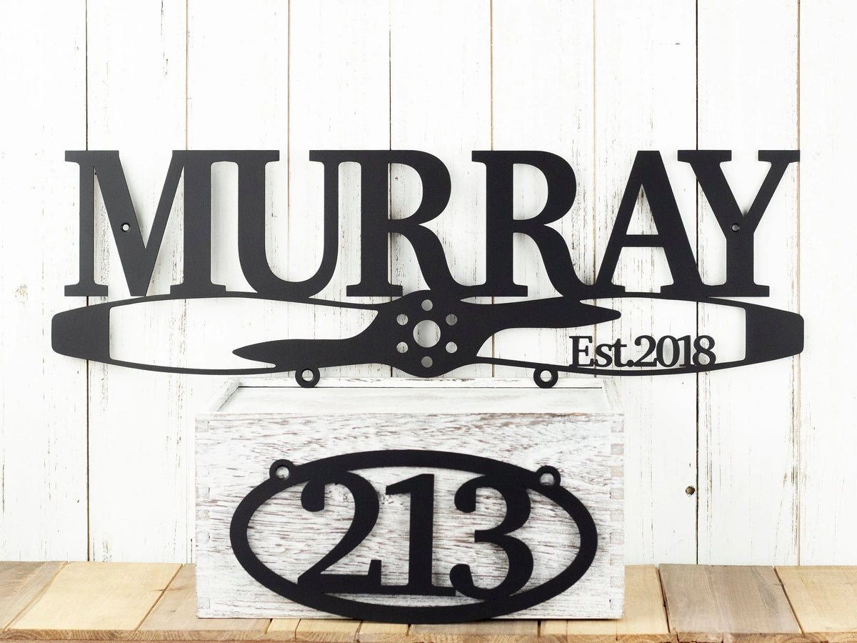 Family Last Name Metal Sign Metal House Number Sign Airplane Propeller Aviation Gift - 8 inches - metal sign