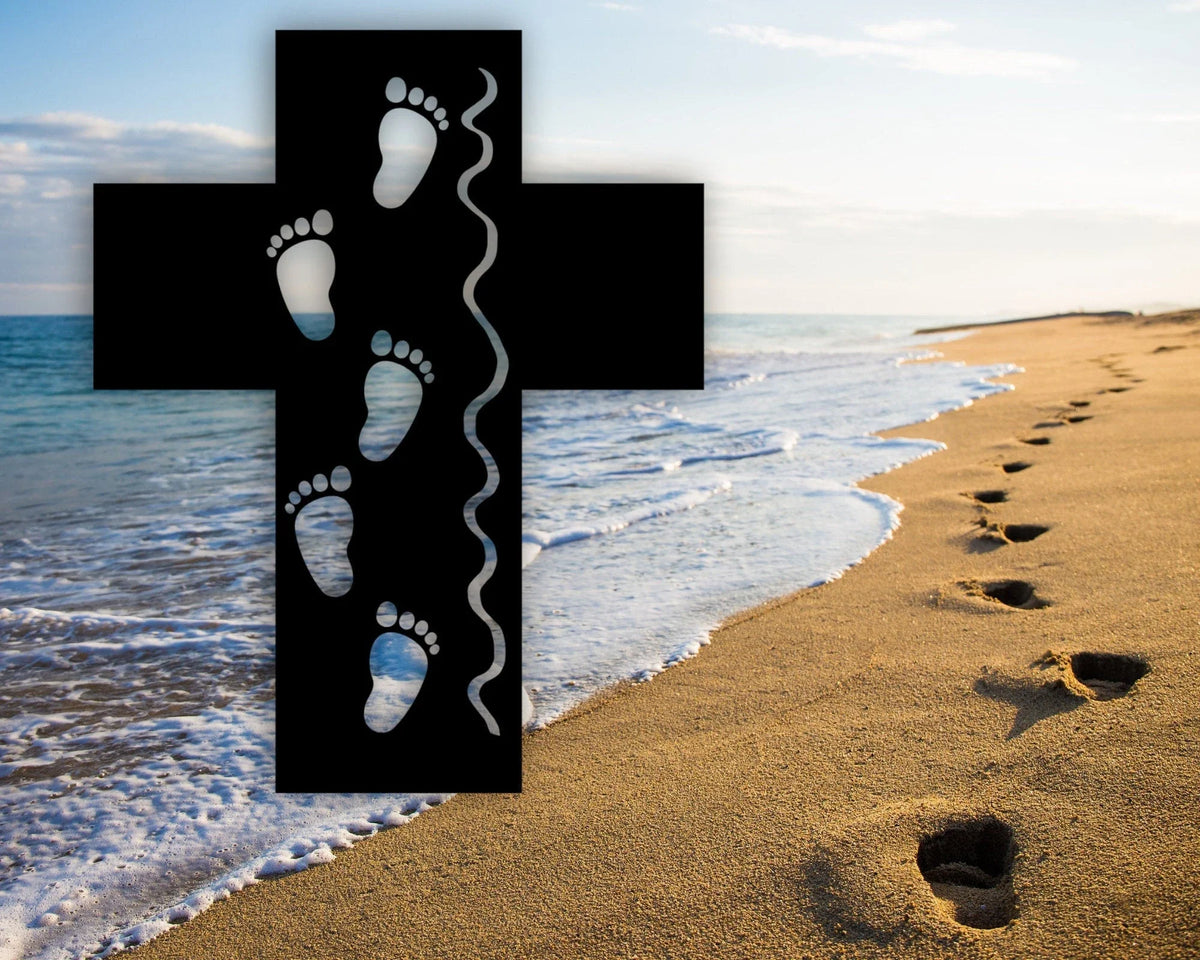 Metal Christian Christian Signs Footprints In The Sand Metal Cross Art Metal Cross For Kids Room Decor - 8 inches - metal sign